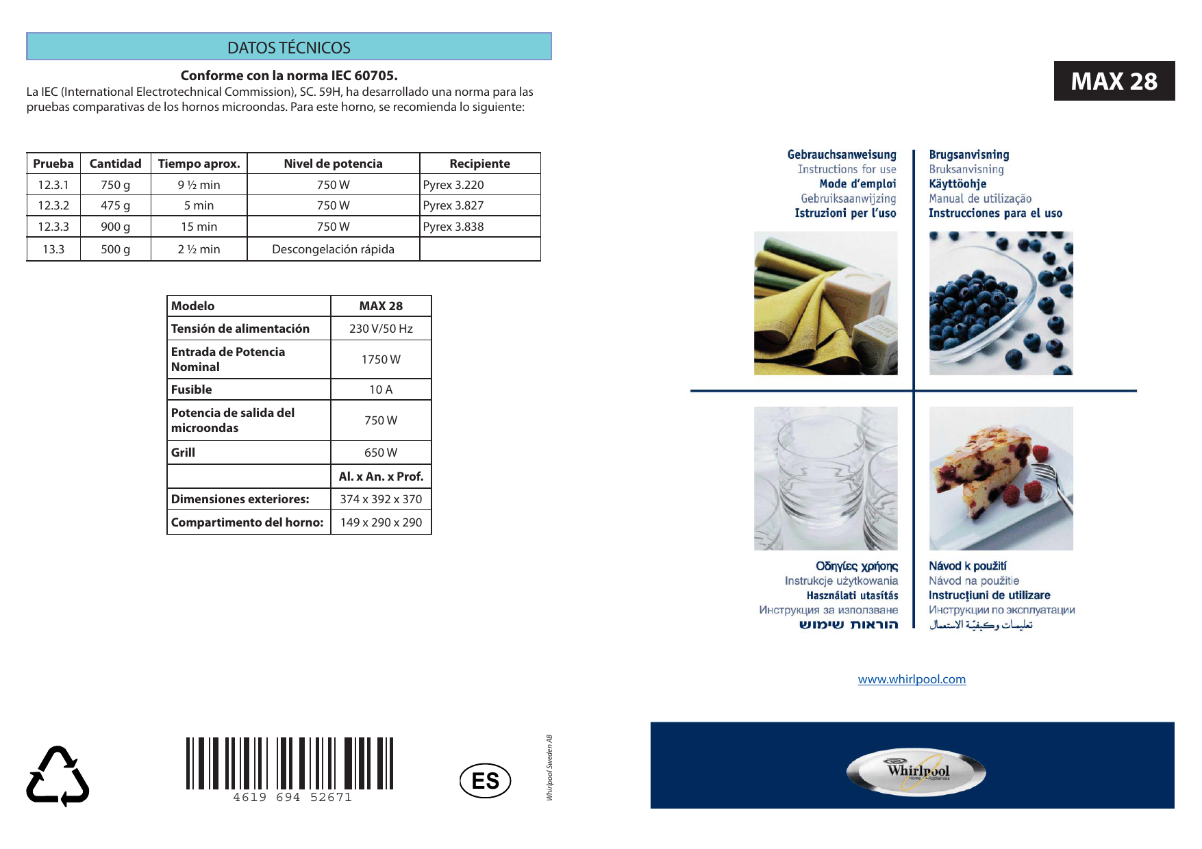 Whirlpool MAX 28 AW Instruction for Use | Manualzz