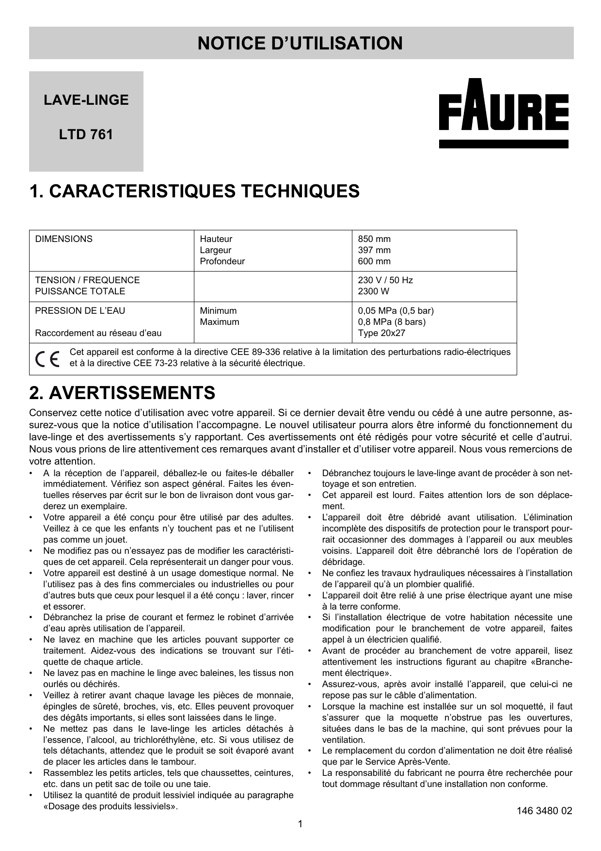 Notice Machine à Laver Faure 1200 Tours 5 5 Kg