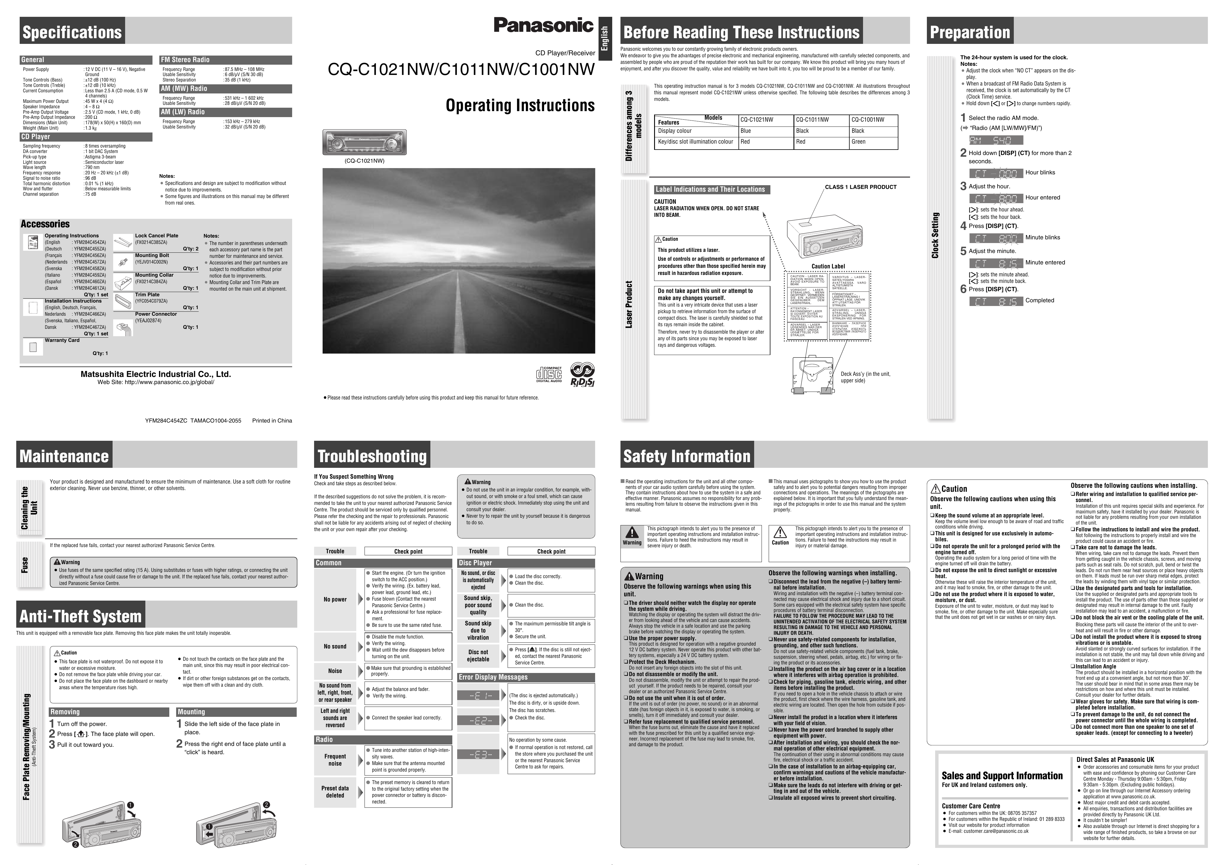 Panasonic Cqc1011nw Cqc1001nw Cqc1021nw Operating Instructions Manualzz