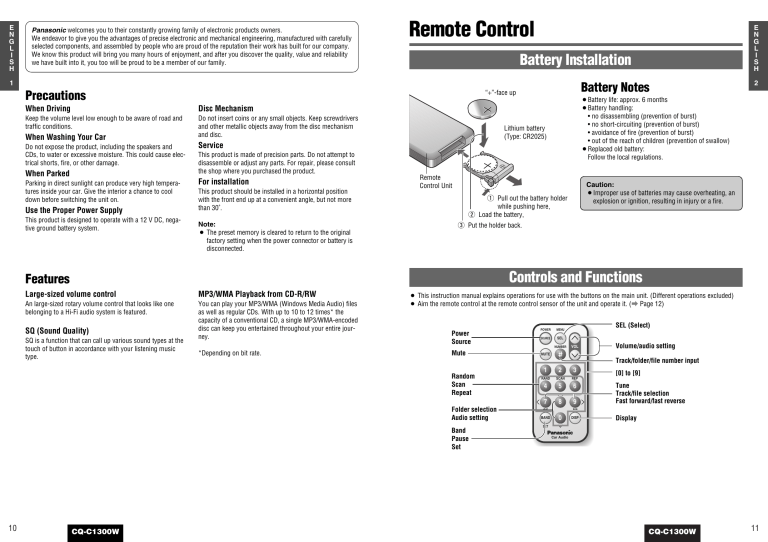 Panasonic Cqc1300w Operating Instructions Manualzz