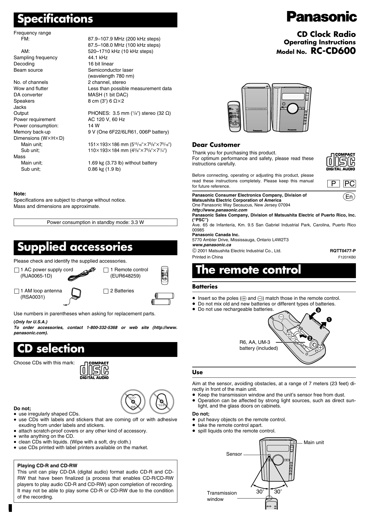 Panasonic Rccd600 Operating Instructions Manualzz