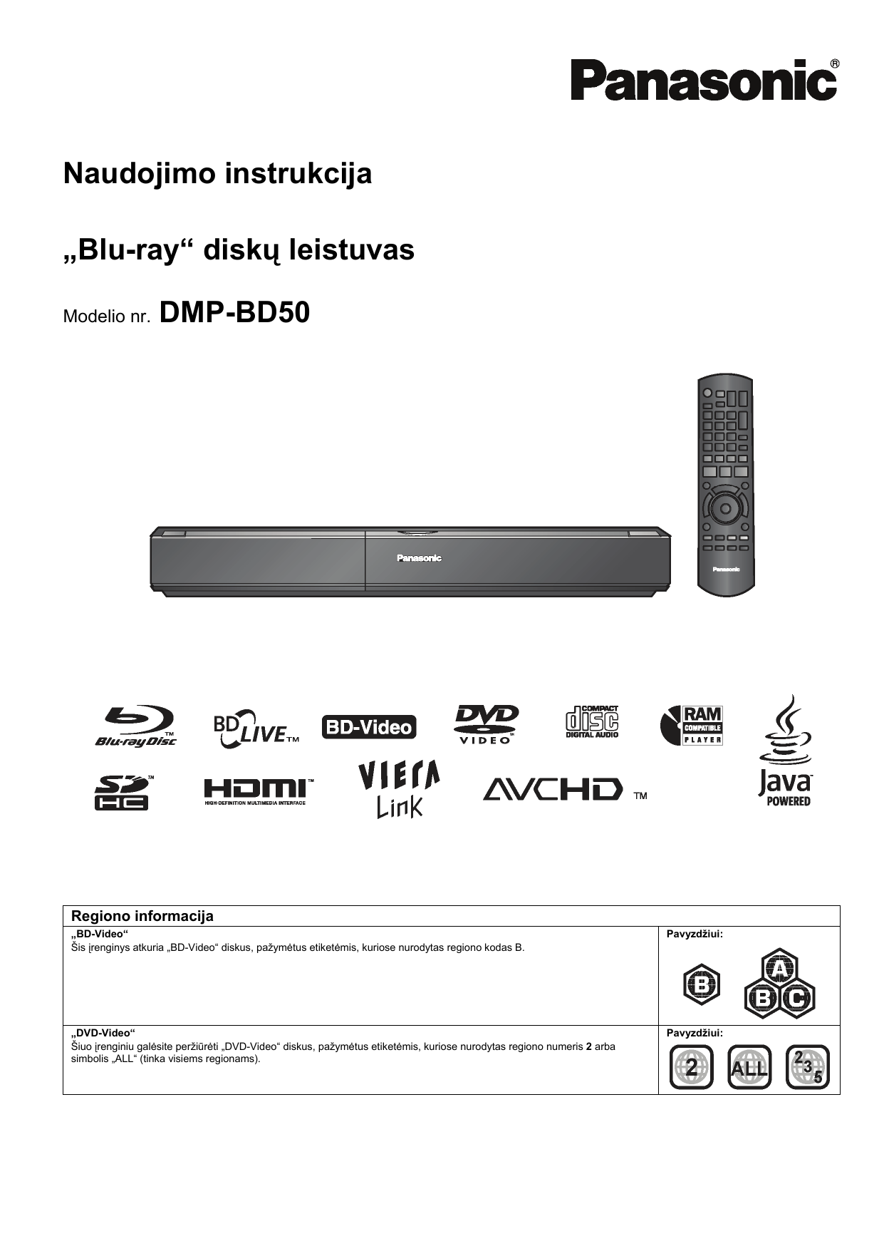 Panasonic Dmpbd50 Valdymo Instrukcijos Manualzz