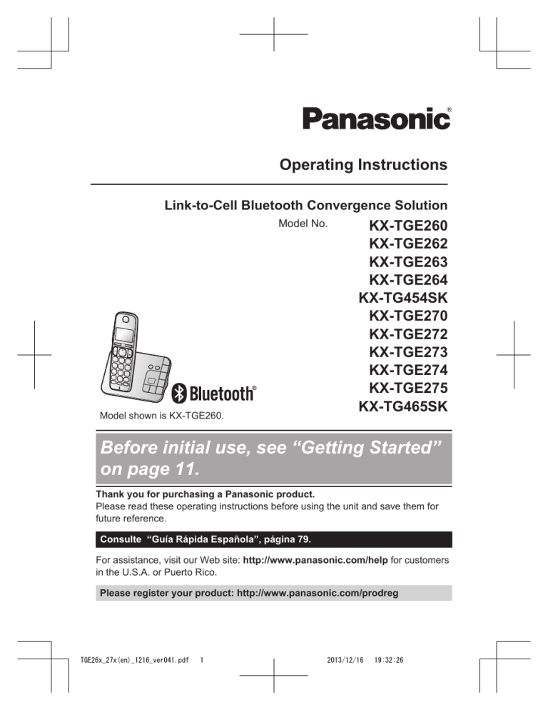 Panasonic KXTG454SK, KXTGE272, KXTG465SK, KXTGE262, KXTGE274, KXTGE270