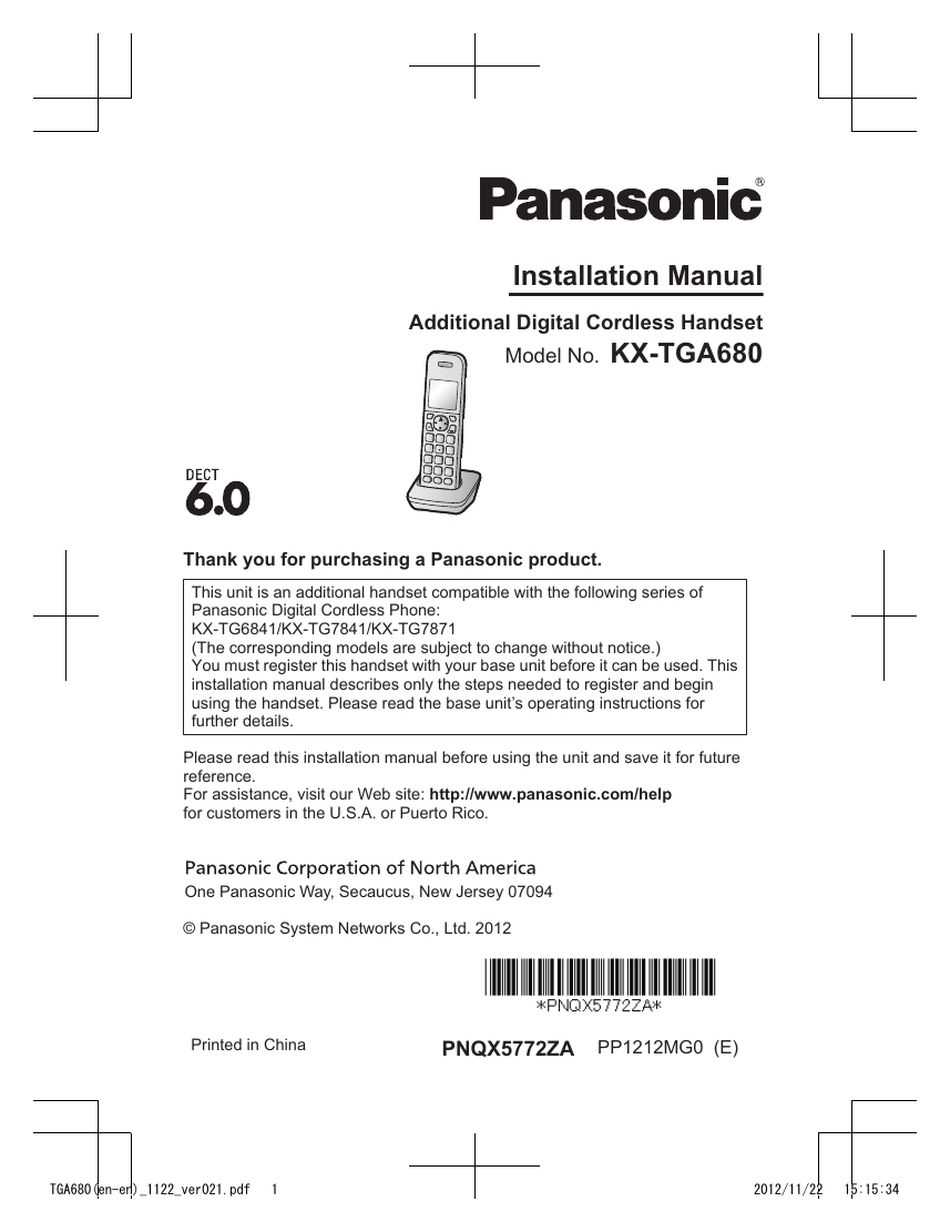 Panasonic KXTGA680 Operating Instructions | Manualzz