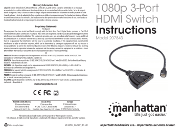 Manhattan 207843 1080p 3-Port HDMI Switch Quick Instruction Guide | Manualzz