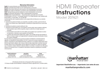 Manhattan 207621 4K HDMI Repeater / Extender Quick Instruction Guide | Manualzz
