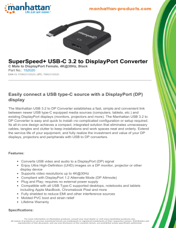 Manhattan 152020 SuperSpeed+ USB-C 3.2 to DisplayPort Converter Datasheet | Manualzz