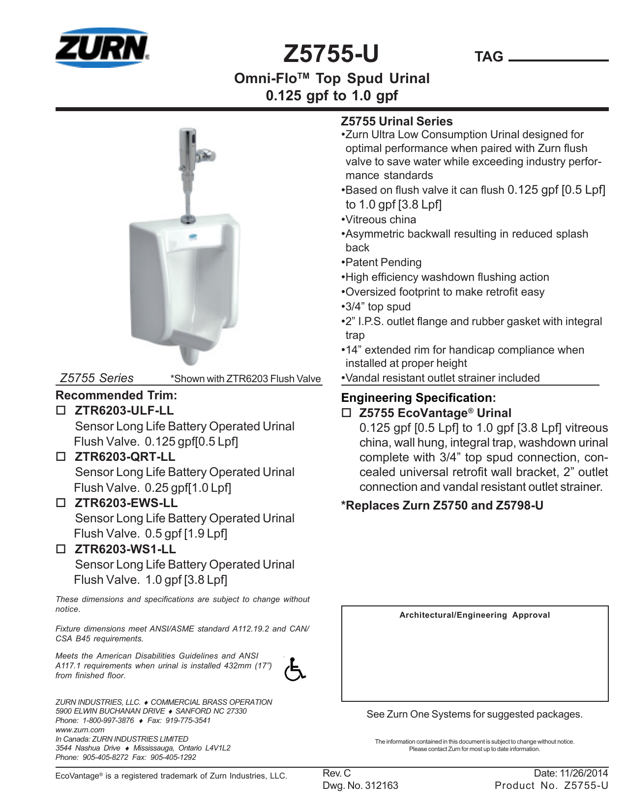 Zurn Z5738U Ultra Low Consumption ADA Urinal Dimensions, 47 OFF