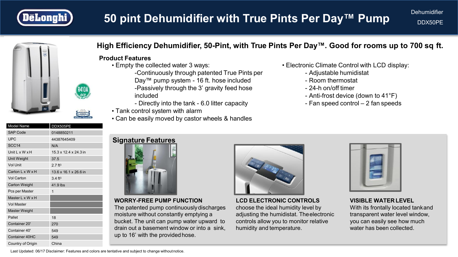 DeLonghi DDX50PE 50 Pint 2 Speed Dehumidifier Dimensions Guide