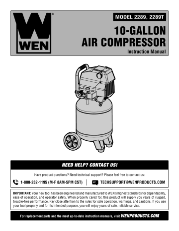 WEN 2289T 10-Gallon Oil-Free Vertical Air Compressor Instruction manual ...