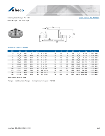 heco FL.PN400FL.PN400 welding neck flange PN 400 Spec Sheet | Manualzz