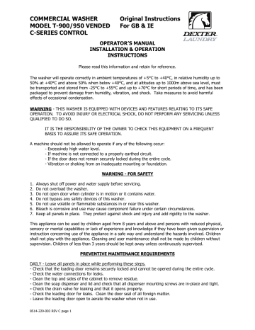 Dexter Laundry T-900 Washer Installation Manual | Manualzz