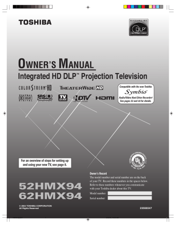 Toshiba TheaterWide 52HMX94, TheaterWide 62HMX94 Owner's Manual | Manualzz