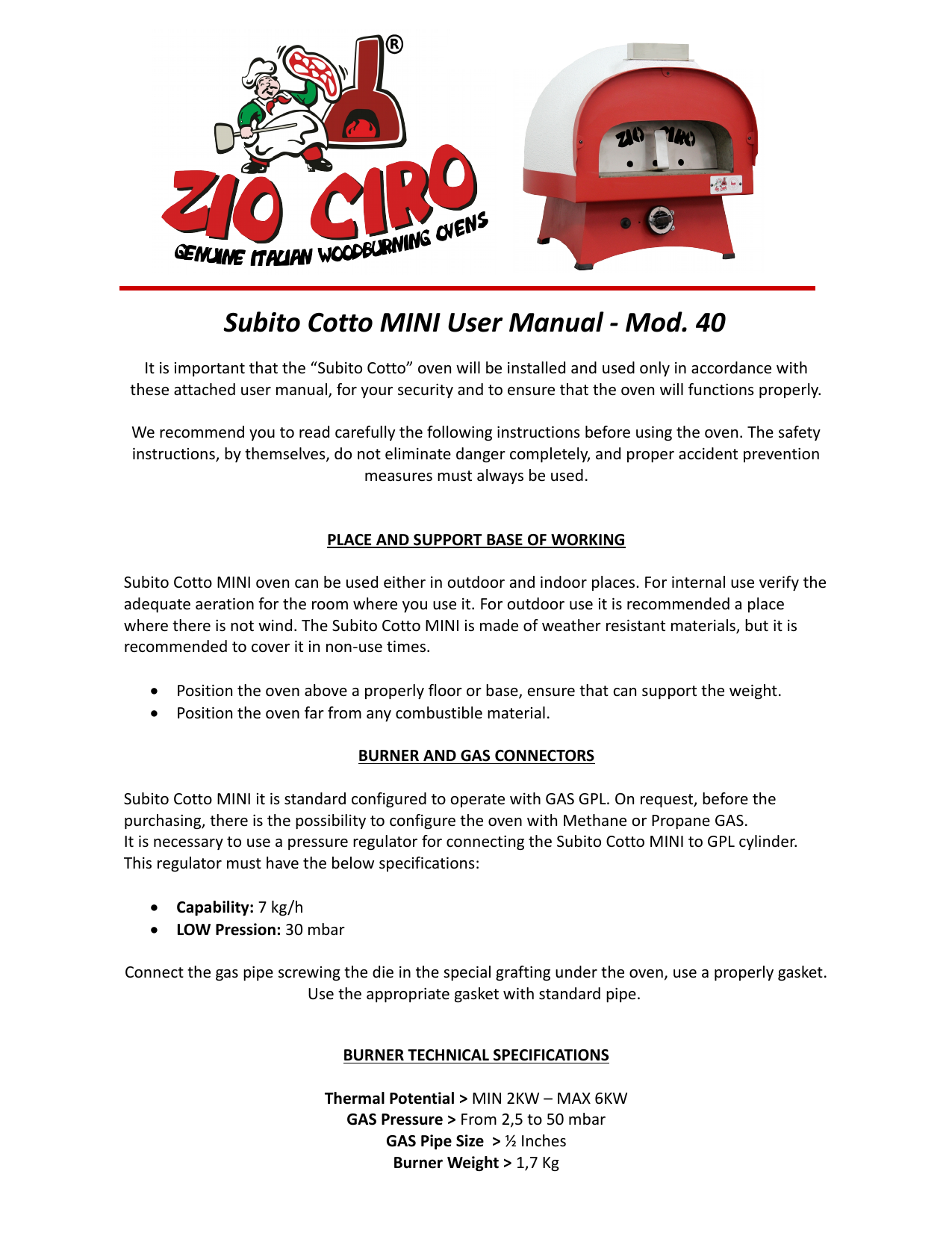 Zio Ciro Subito Cotto MINI 40 User Manual | Manualzz