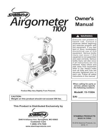 Stamina 15-1100A Airgometer Exercise Bike User Manual | Manualzz