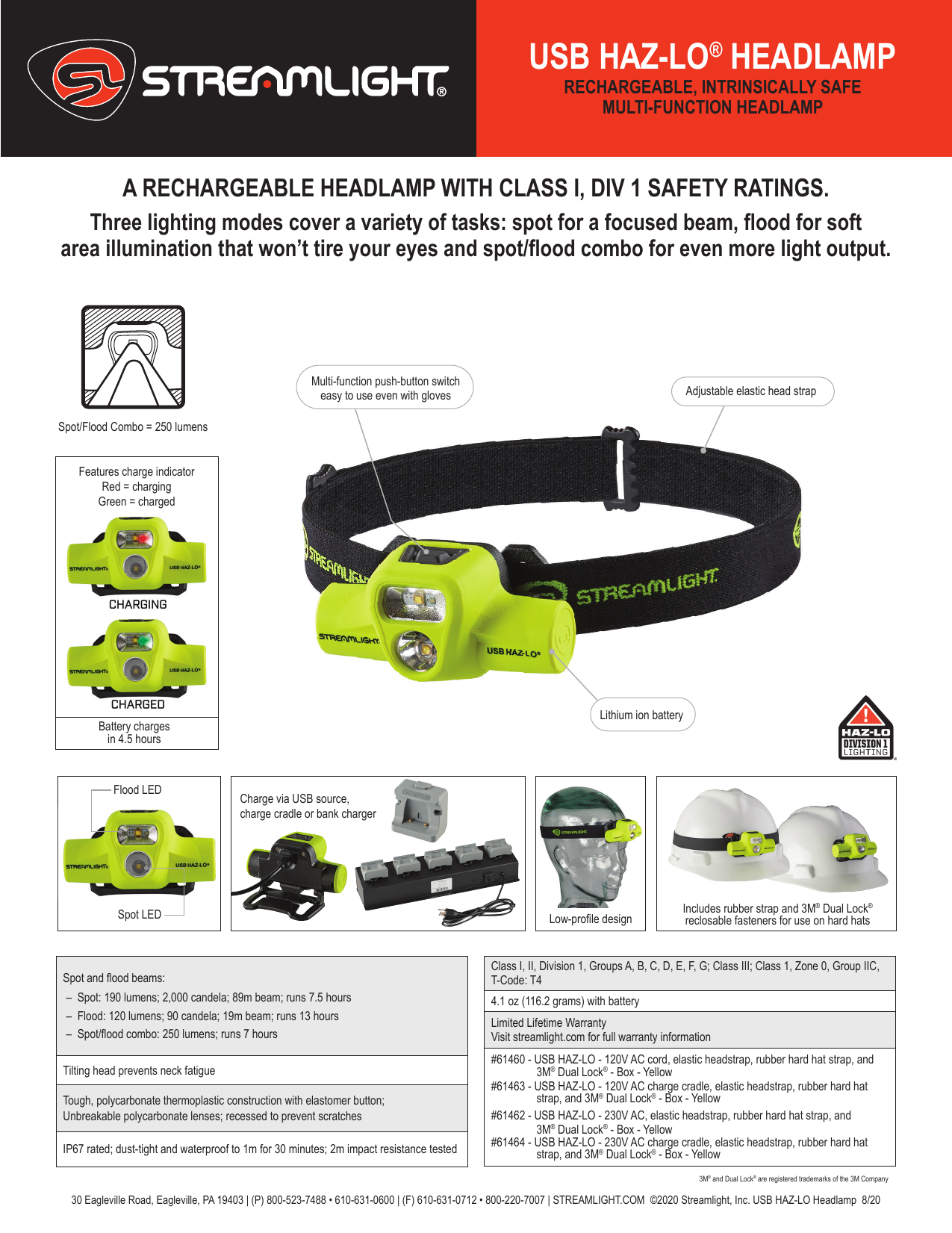 Yellow Streamlight 61463 USB HAZ-LO 250-Lumen Intrinsically Safe Rechargeable Headlamp with 120V AC Charge Cradle Rubber Hard-Hat Strap and 3M Dual Lock Elastic Head-Strap