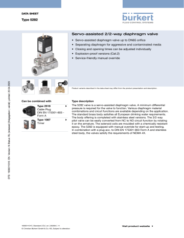 Burkert 5282 Servo-assisted 2/2-way diaphragm valve Data Sheet | Manualzz