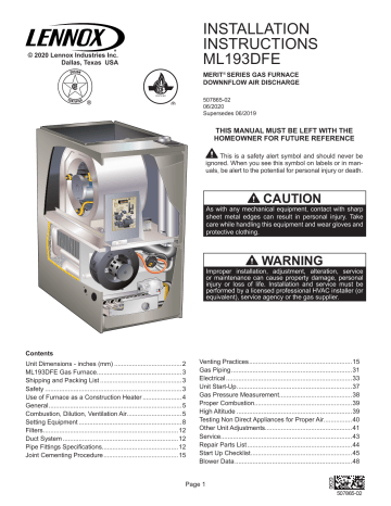 Lennox ML193DFE Gas Furnace Installation Instructions | Manualzz