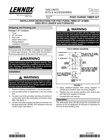 Lennox Post-Purge Timer Kit Installation Instructions | Manualzz