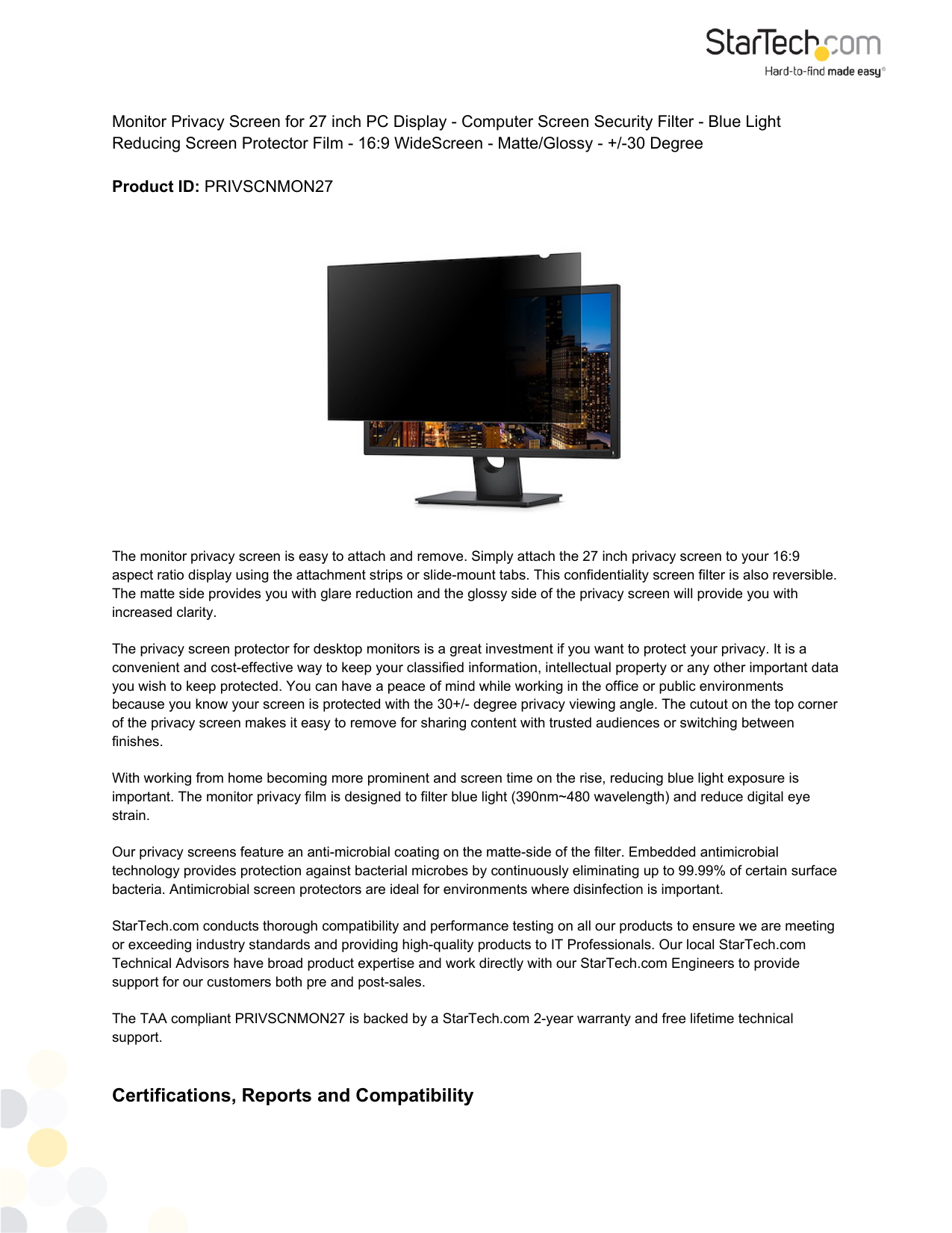 PRIVSCNMON27 Monitor Privacy Screen 