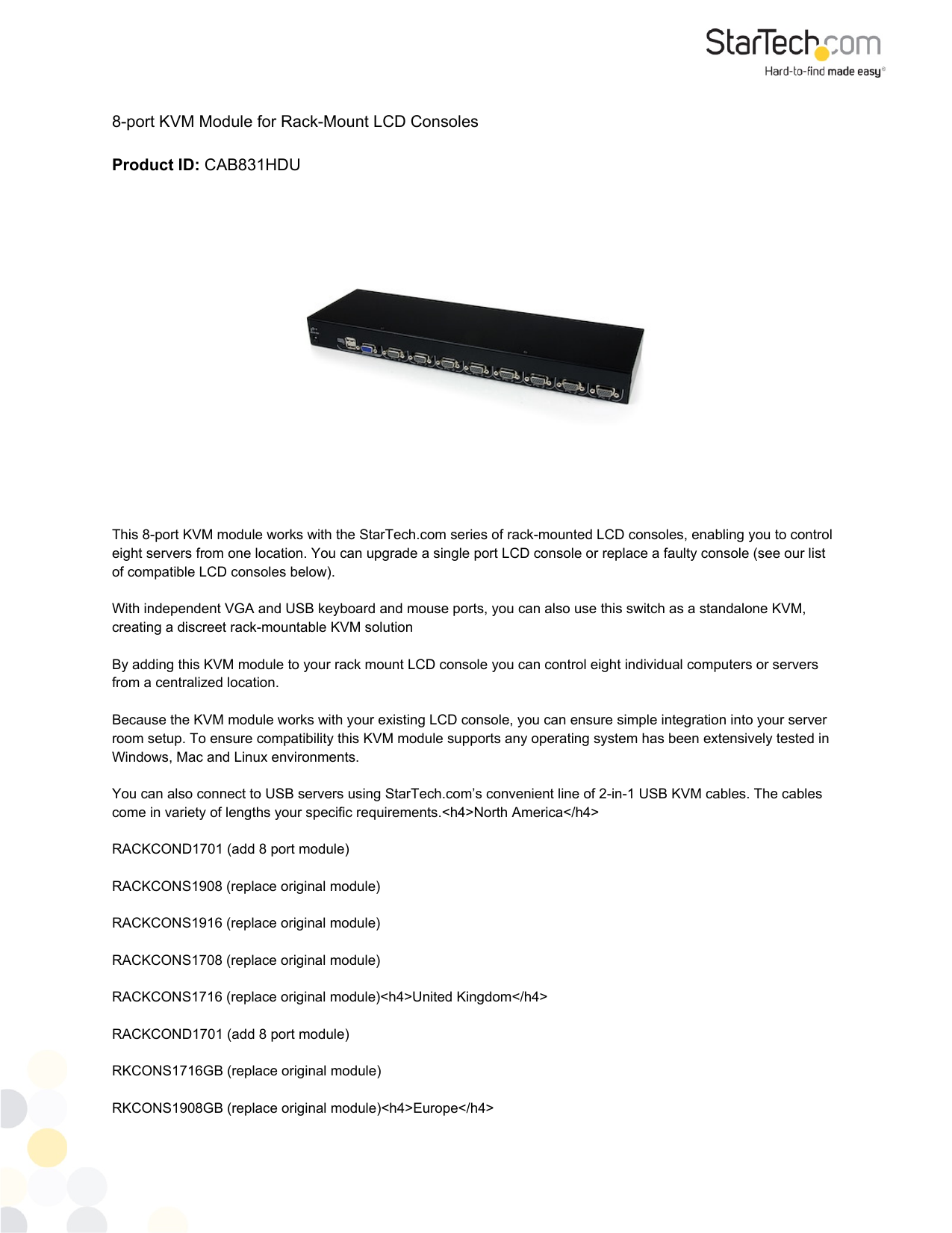 CAB831HDU 8-port KVM Module 