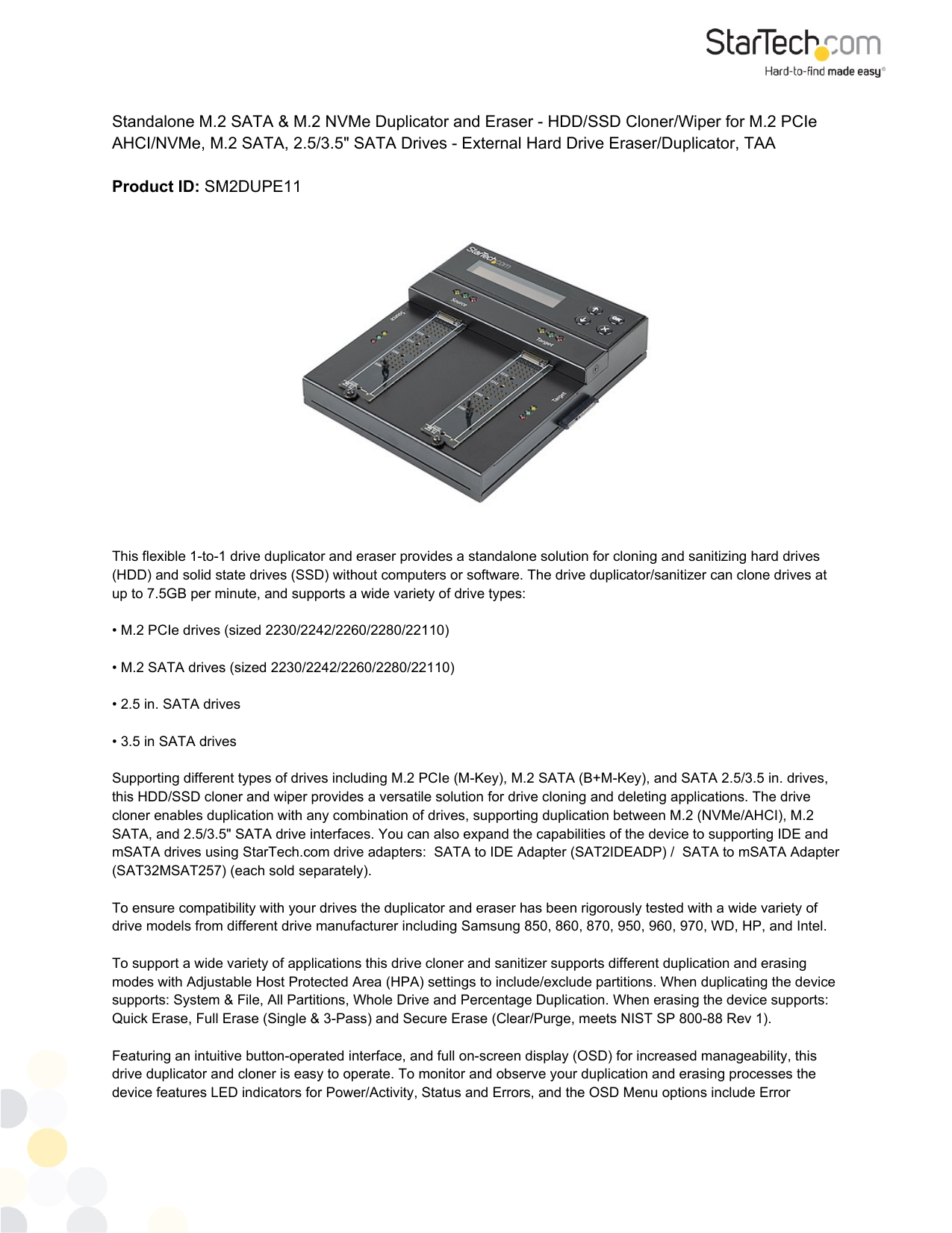 Shop  StarTech.com Standalone Dual Bay 1-to-1 duplicator/eraser supports M.2  PCIe NVMe/M.2 SATA AHCI/ 2.5/3.5in SATA HDD / SSD; Clone up to 7.5GBpm -  Cloner/Wiper to duplicate between M2 NVMe/SATA and 2.5/3.5