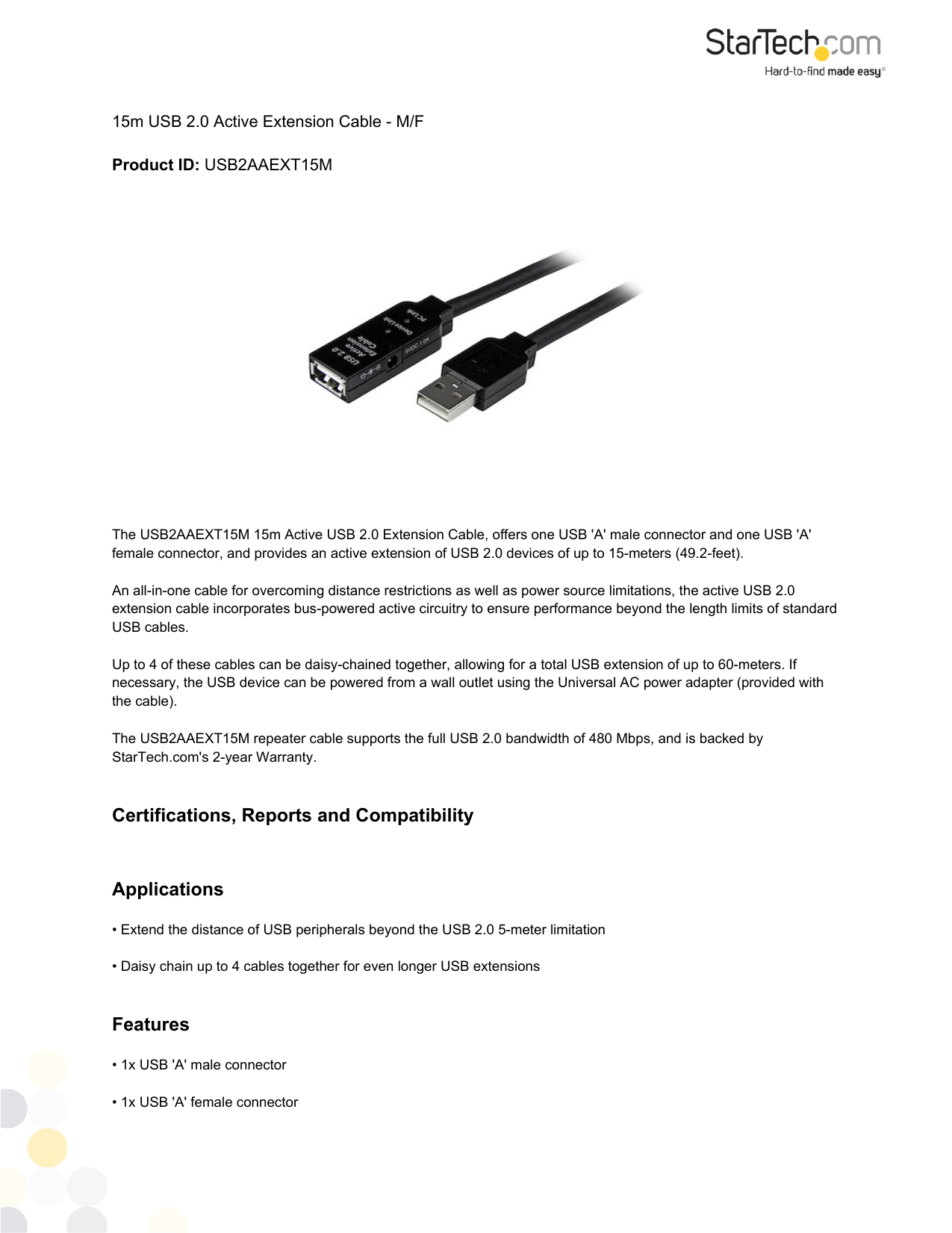 USB2AAEXT15M Startech.com USB2AAEXT15M 15M USB 2.0 Extension Cable USB2AAEXT15M Startech.com USB2AAEXT15M 15M USB 2.0 Extension Cable