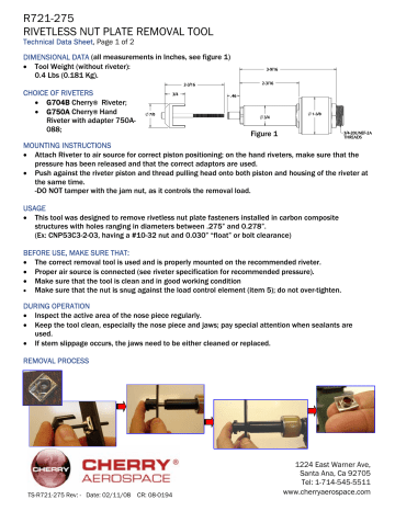 Cherry Aerospace R721-275 Rivetless Nut Plate Removal Tool Installation ...