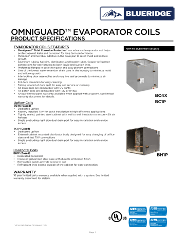 Blueridge BH1P42B 3.5 Ton, W 31 1/2 x H 17 1/2 x D 21 1/2, Horizontal Cased Evaporator Coil Spec Sheet | Manualzz