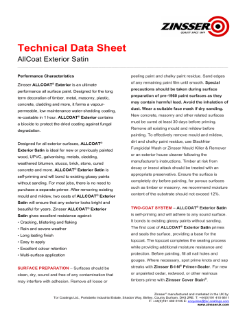 Zinsser AllCoat ® Exterior Satin Technical Data Sheet | Manualzz