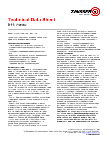 Zinsser B-I-N® Aerosol Technical Data Sheet | Manualzz