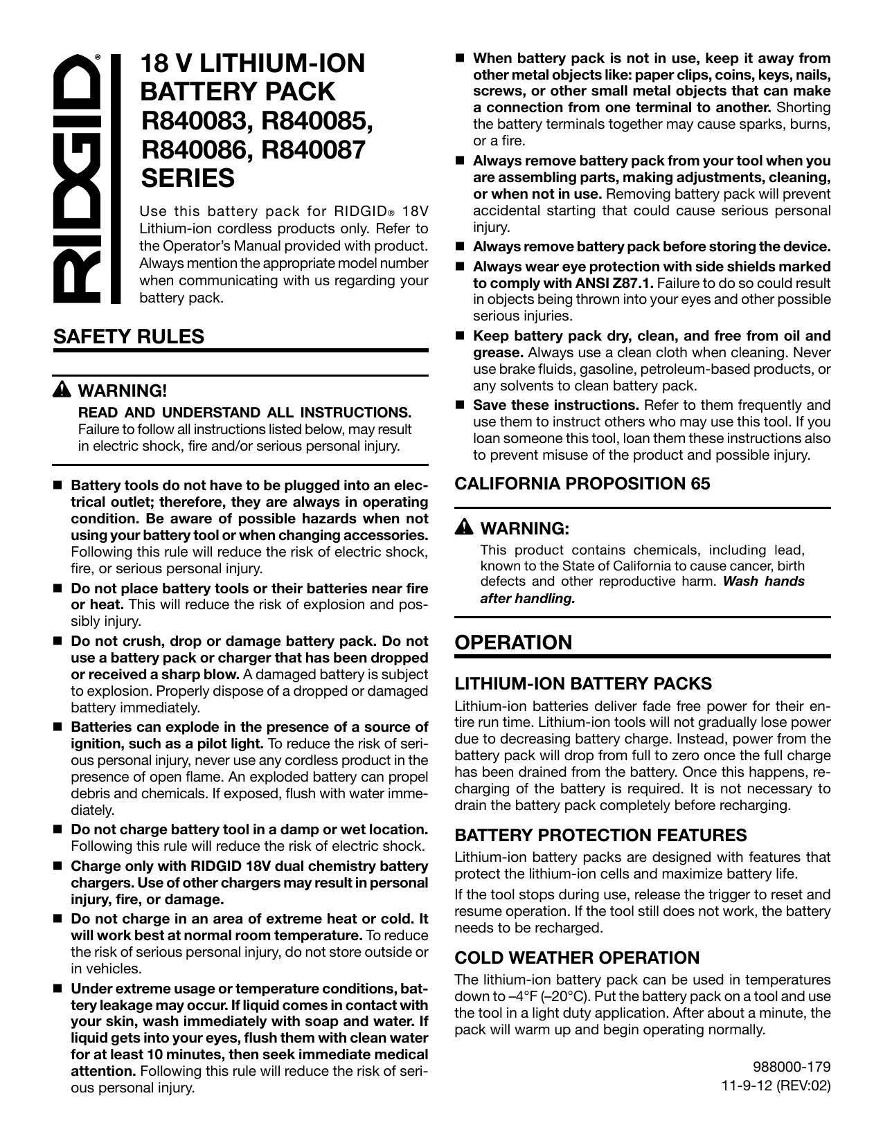 RIDGID AC840086SB2 AC840086P 18 V LITHIUM ION BATTERY PACK