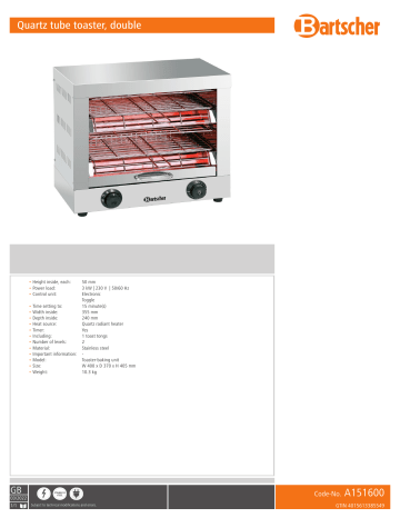 Bartscher A151600 Quartz tube toaster, double Data sheet | Manualzz