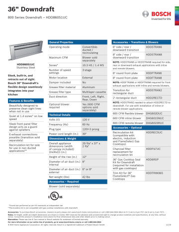 Bosch HDD86051UC 36 Inch Convertible Downdraft Hood Spec Sheet | Manualzz