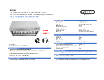 NXR RH3001 30 Inch Under Cabinet Range Hood Spec Sheet | Manualzz