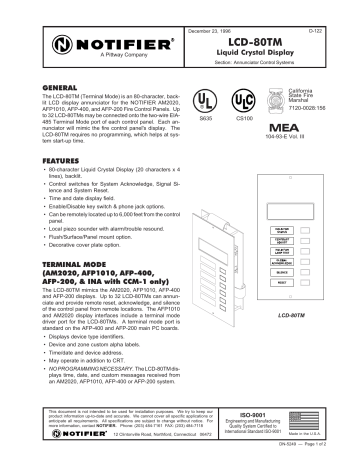 Notifier LCD-80TM Data Sheet | Manualzz