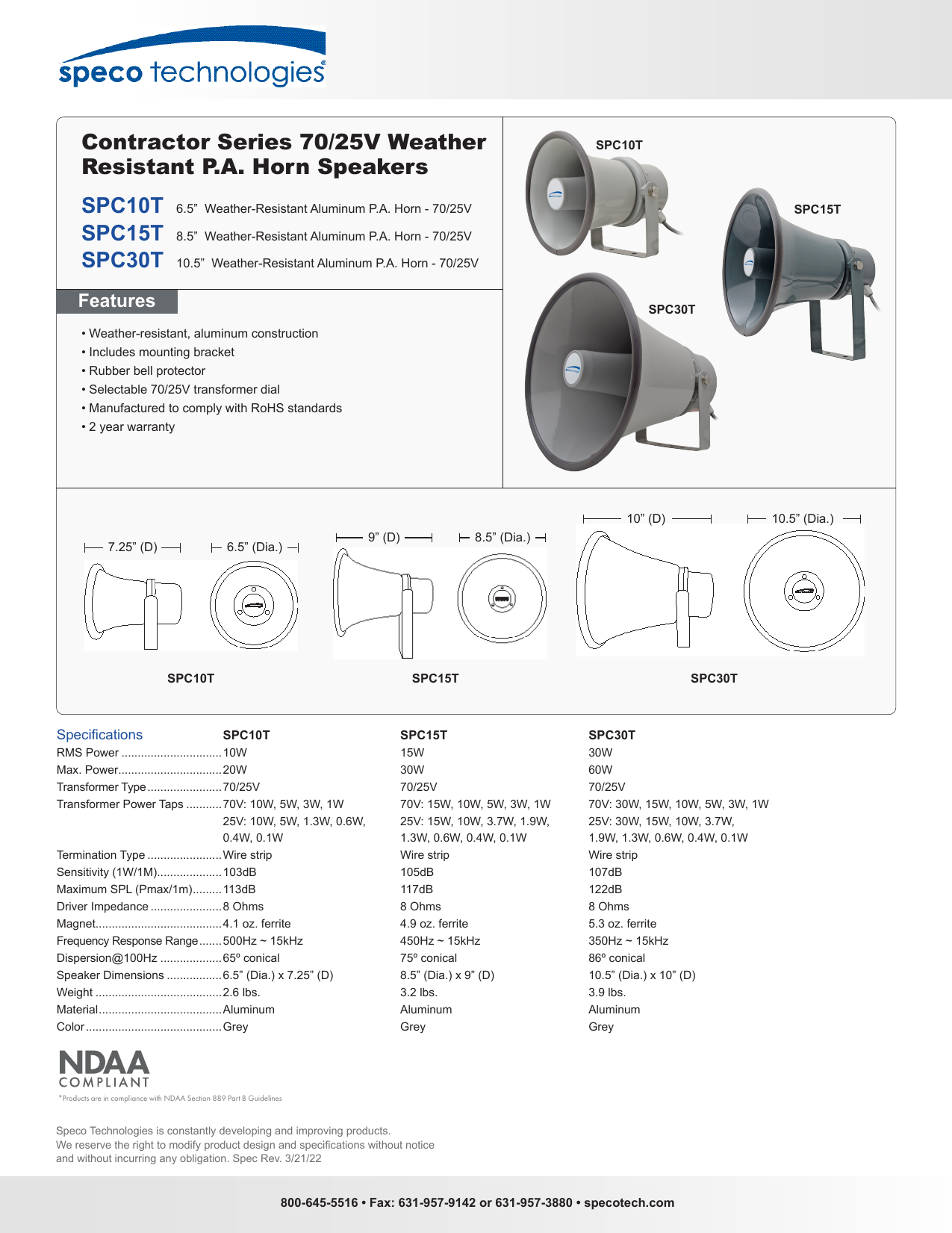 Speco Technologies SPC30RT 8" x 11" PA Speaker 30W 