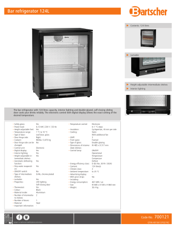 Bartscher 700121 Bar refrigerator 124L Data sheet | Manualzz