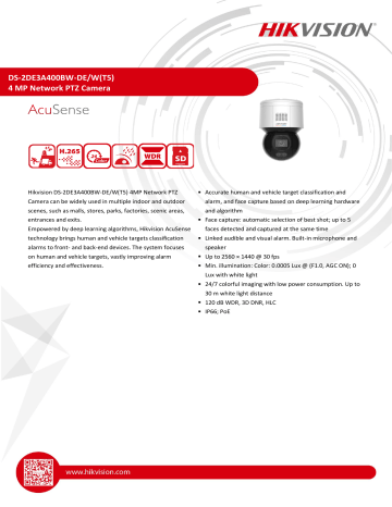 Hikvision DS-2DE3A400BW-DE/W(T5) PTZ Camera Data Sheet | Manualzz