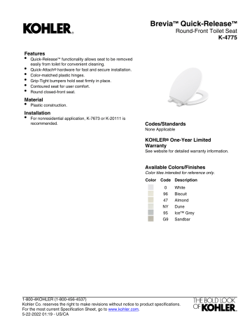 Kohler 4775-0 Brevia Round Toilet Seat With Grip Tight Bumpers, Release - View #4