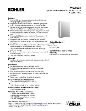 Kohler K-99007-TLC-NA Verdera® lighted medicine cabinet, 24" W x 30" H ...