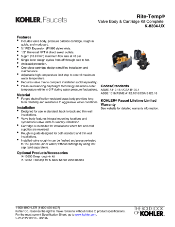 Kohler K-8304-UX-NA Rite-Temp® Pressure-balancing Valve Body And ...