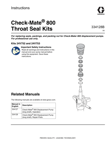 Graco 334128B, Check-Mate 800 Throat Seal Kits, Repair Kit Instructions | Manualzz