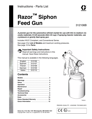 Graco 312106B, Razor Siphon Feed Gun, Europe Owner's Manual | Manualzz