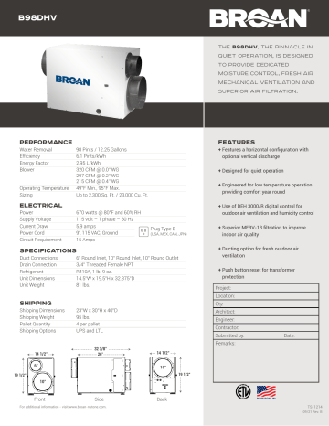 Broan B98DHV 98 Pint Dehumidifier Specification | Manualzz