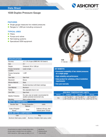 Ashcroft 1038 Duplex Pressure Gauge Datasheet | Manualzz