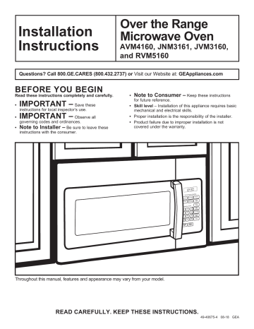 GE JVM3160DF5BB Microwave/Hood Combo installation Guide | Manualzz