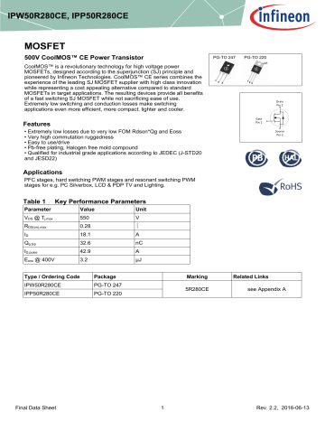 Infineon IPP50R280CE MOSFET Data Sheet | Manualzz
