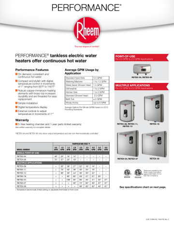 Rheem RETEX-36 Tankless Electric Water Heater Specification | Manualzz