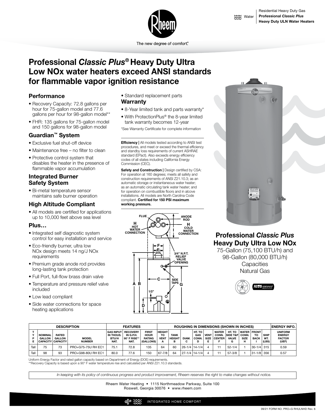 Rheem PRO+G75-75U RH EC1 Residential Gas Water Heater Specification |  Manualzz